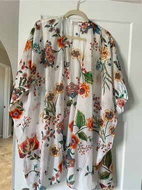 Johnny Was White Floral Kimono with Coral and Teal Accents